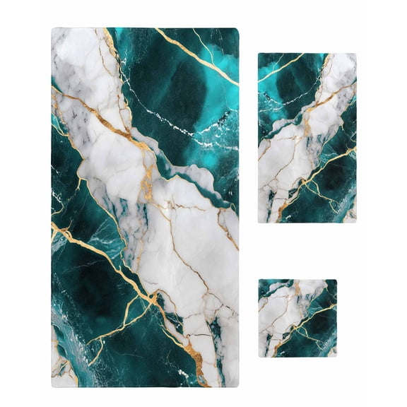 Marble Turquoise Towel Set of 3, Soft Microfiber Bath Towels, Hand Towel, Washcloths, Abstract Gold White Brick Stone Motif Quick-Dry Absorbent Towels for Bathroom Kitchen Hotel Beach Gym Spa