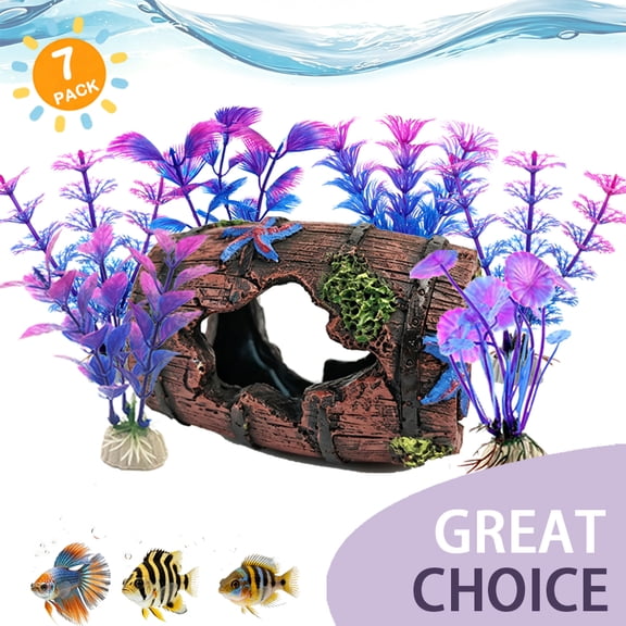 BellaNotes 7Pcs Fish Broken Barrel Decor Fish Tank Decorations Betta Fish Tank Accessories,Starfish Barrel x 1pc, Aquarium Plants x 6pcs