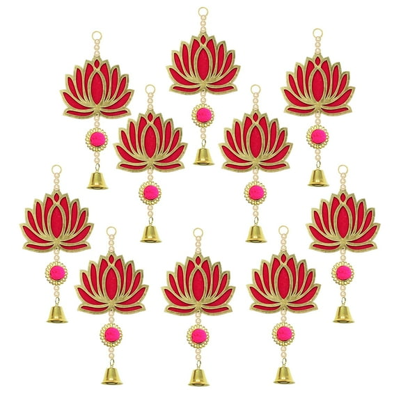 Wall Door Hanging Lotus Latkan Toran with Bells (22.8 cm x 9.6 cm) - Main Door Entrance Pooja Room Temple Wedding Festival Decor - Navratri Decoration Items for Home Décor Pack of 10