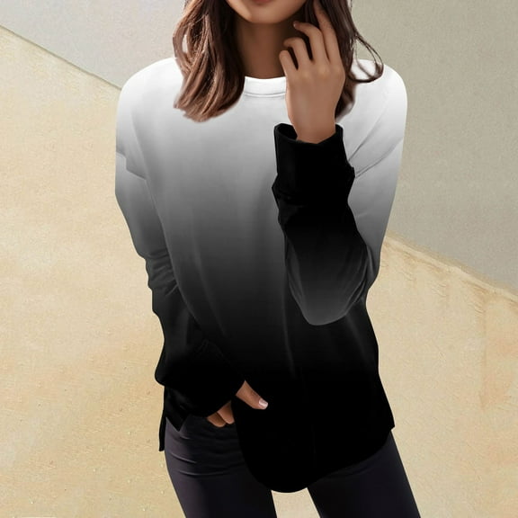 Womens Crew Neck Sweatshirts Long Sleeve Casual Lightweight Pullover Gradient Printed Loose Tops