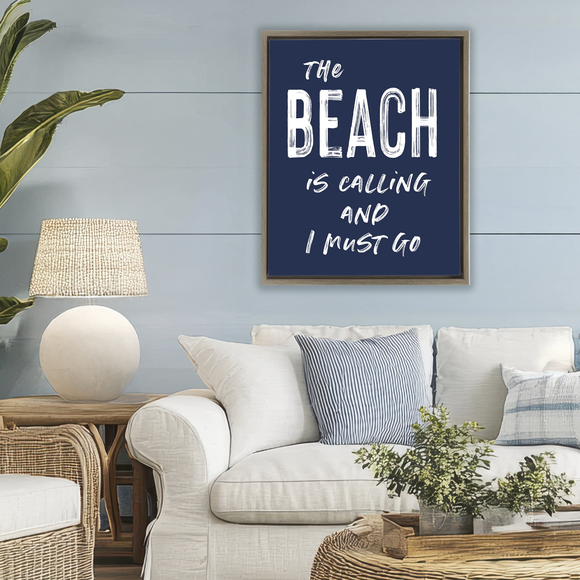 Beach Is Calling Summer Sentiment Brown Framed Floater Canvas Wall Art, design by Lettered and Lined