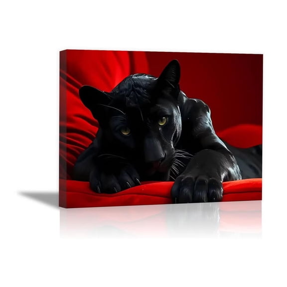 Mudket Black Panther Lying on Red Velvet Sofa Canvas Wall Art, Moody Luxury Wildlife Wall Prints Waterproof Canvas for Living Room Office Man Cave Home Decor , Framed Ready to Hang - 12"L x 8"W