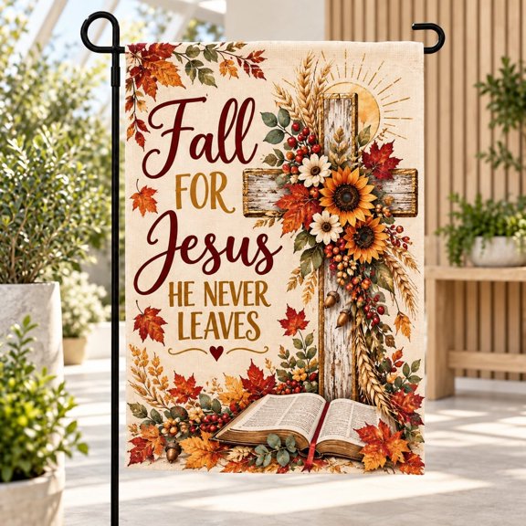 Christian Garden Flag, Fall for Jesus Cross Pumpkin Sunflower Yard Decor
