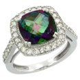 thumbnail image 1 of 14K White Gold Natural Mystic Topaz Ring Cushion-cut 9x9mm Diamond Halo, size 7, 1 of 2