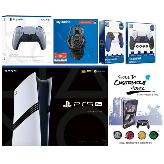 Sony Playstation 5 Pro Bundle with Extra Sterling Silver Controller, Plantronics Headset, Trigger Stop Kit, FPS Grip Kit and MightySkins Decal Voucher Plus 1 Year CPS Extended Warranty