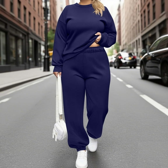 Xuniizn Plus Size Casual Outfits for Women, Solid Color Long Sleeve Crewneck Fall Pullover Elastic Athletic Joggers Sweatpants, Soft Breathable Comfy Stylish Casual 2PC Sweatsuit Sets, L-5XL