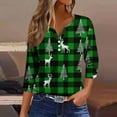 thumbnail image 2 of Feancey V Neck Christmas Tops for Women Plaid Print Henley Shirts Dressy Casual 3/4 Sleeve Blouse Button Up T-Shirt Xmas Gifts Green M, 2 of 5