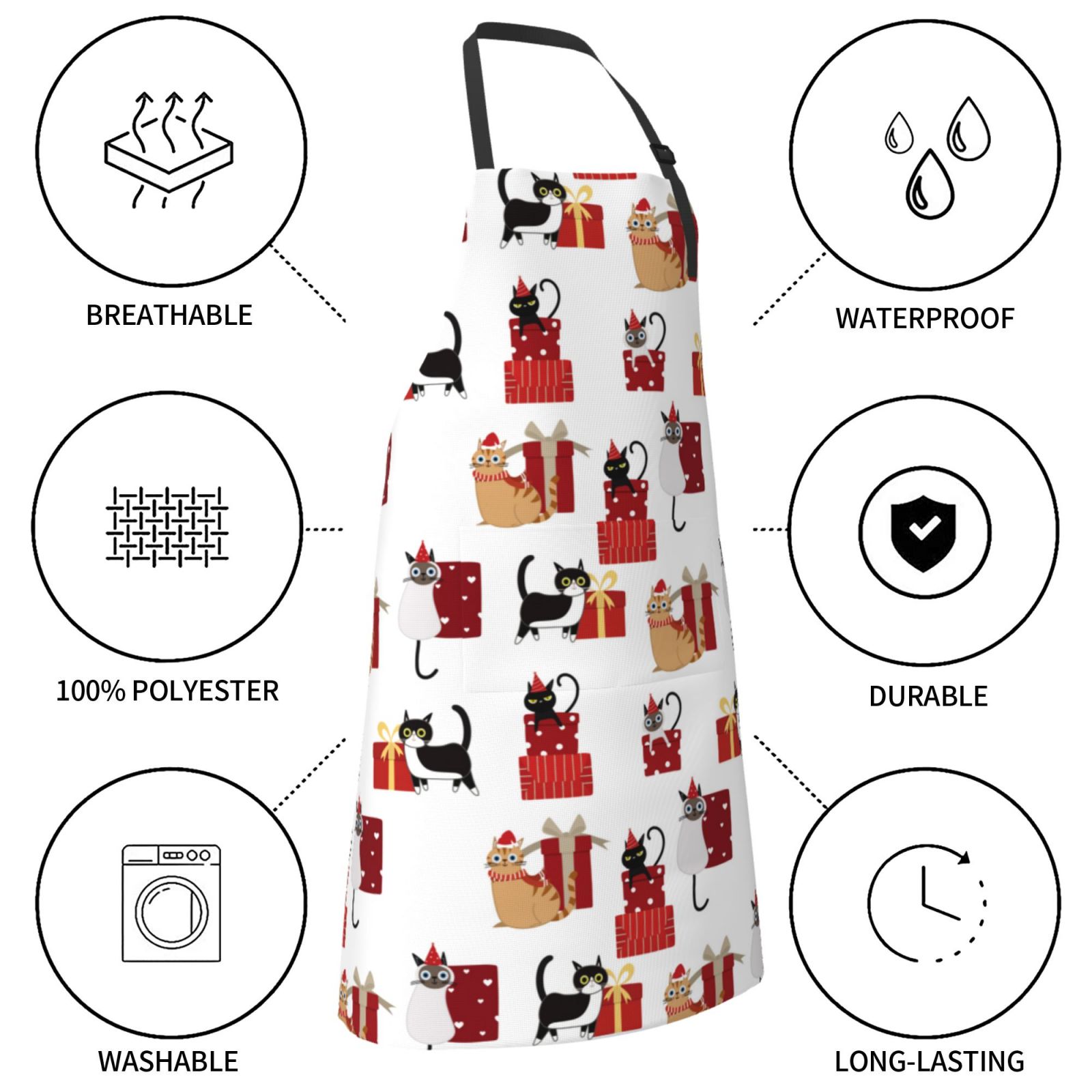 Kdxio Cute Cat And Christmas Gift Apron with Pockets Adjustable Kitchen Aprons for Men Women Waterproof Aprons for Cooking,Drawing,Crafting, Baking Household Cleaning