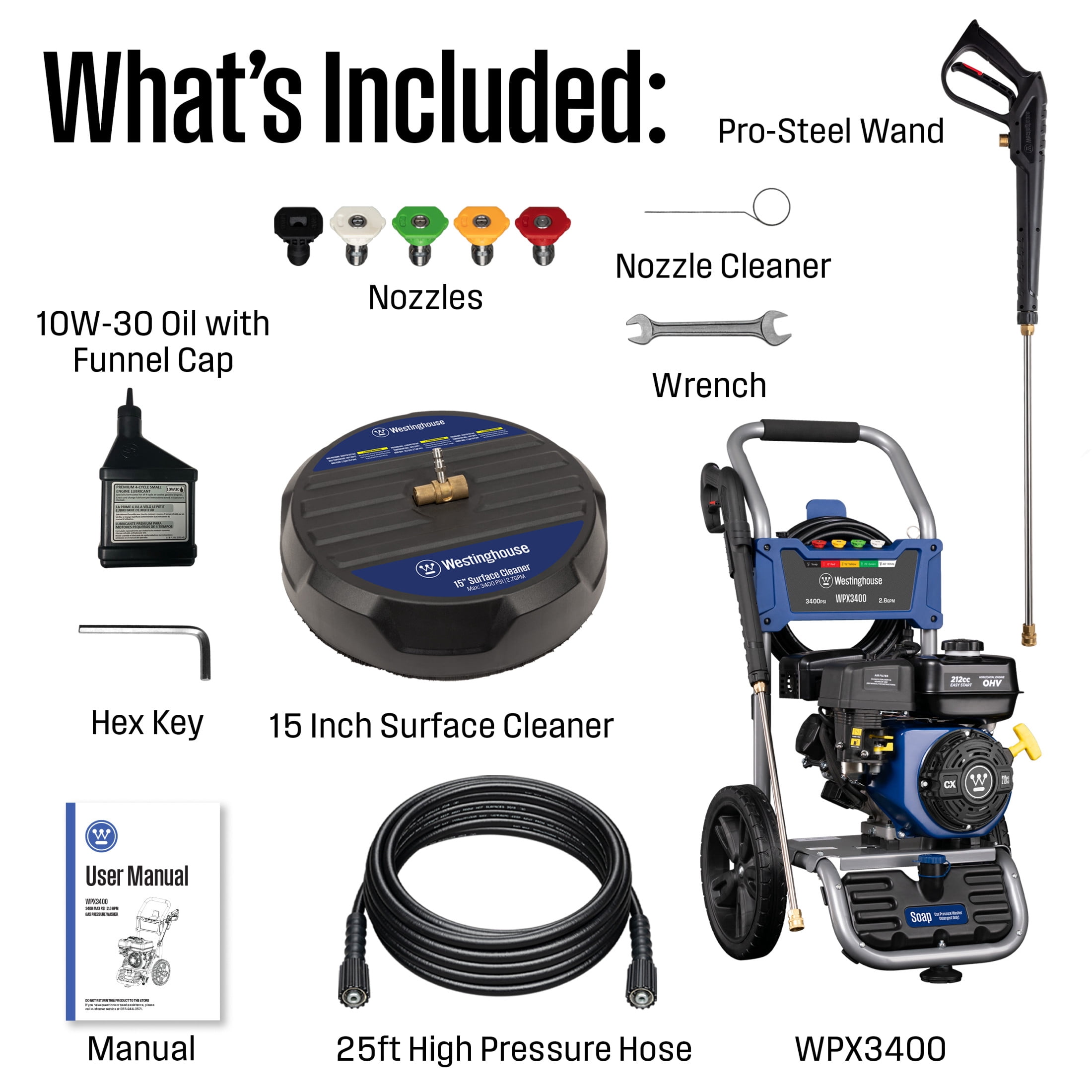 Westinghouse WPX3400SC Gas Pressure Washer with 15-in Surface Cleaner, 3400 PSI and 2.6 Max GPM, Onboard Soap Tank, Spray Gun and Wand, 5 Nozzle Set, for Cars/Fences/Driveways/Homes/Patios/Furniture