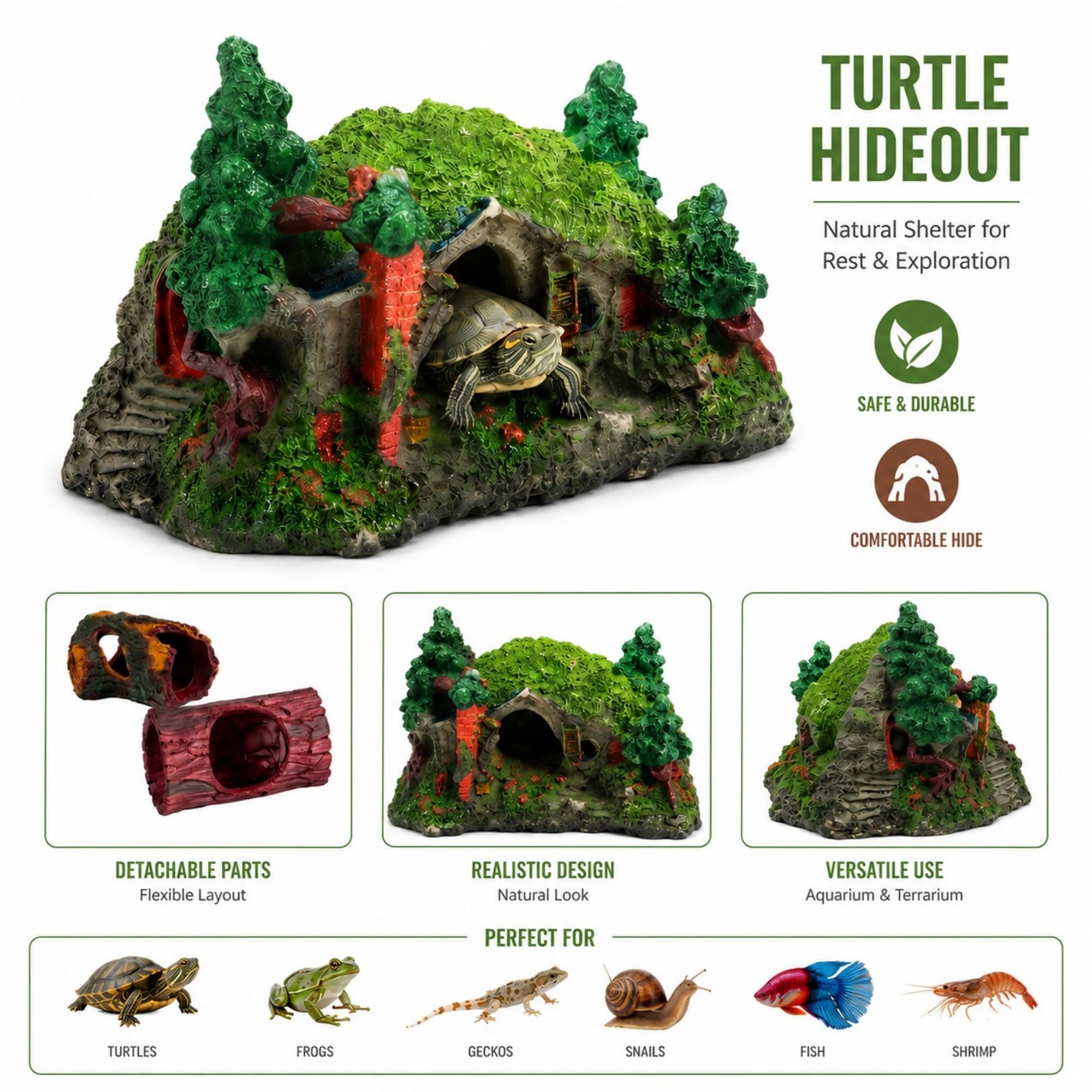 Turtle Hideout Cave for Aquarium and Terrarium Tree House Reptile Shelter Decoration Natural Habitat Hide for Turtles Frogs Geckos and Small Reptiles
