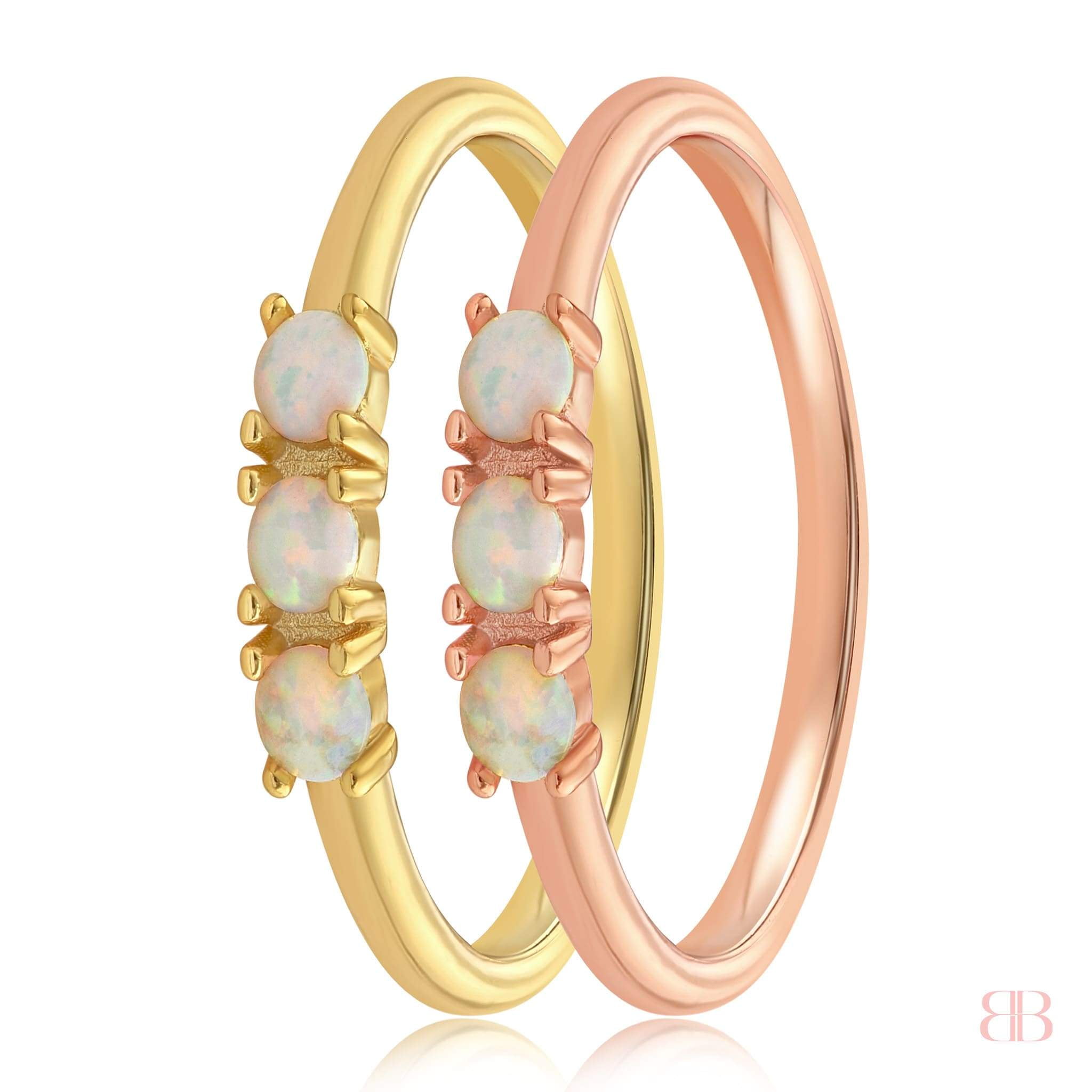 Blush /& Bar Three Stone Simple Dots White Fire Opal Ring Gold Ring Stackable Ring Vintage Promise Eternity Band with Genuine Natural Stone Trio