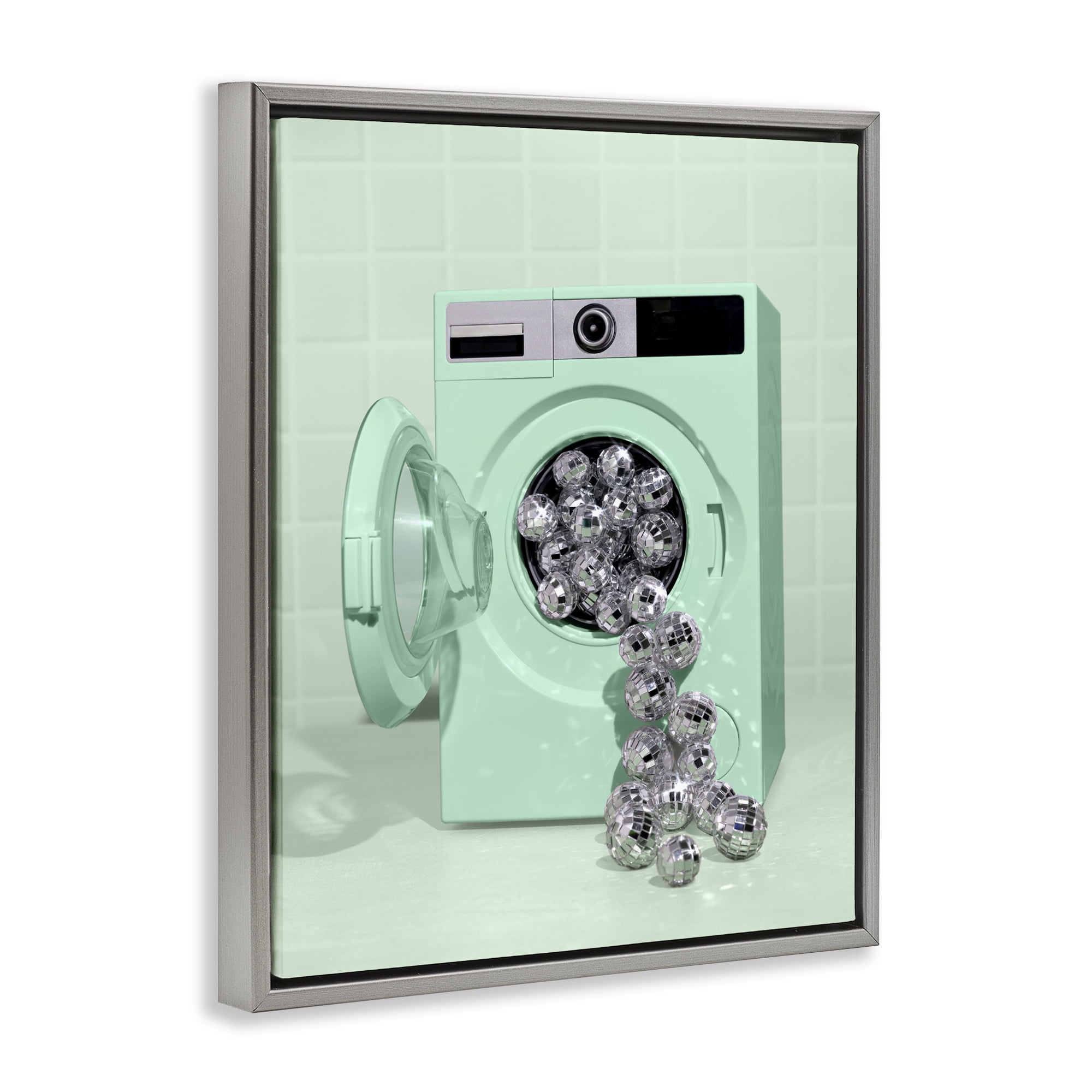 Stupell Industries Disco Laundry Machine over Green Gray Framed Floater Canvas Wall Art, design by LISH Creative