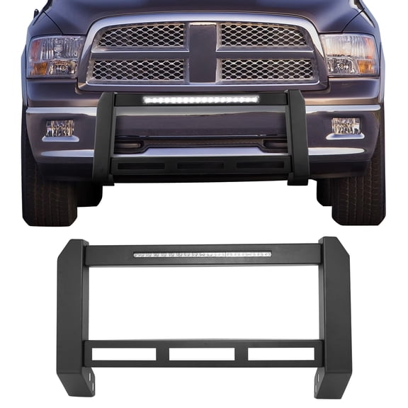 Ikon Motorsports Bull Bar Front Push Brush Bumper Grille Guard W/LED Light For 2009-2018 Dodge Ram 1500 2019-2023 Classic, Black Steel Aluminum