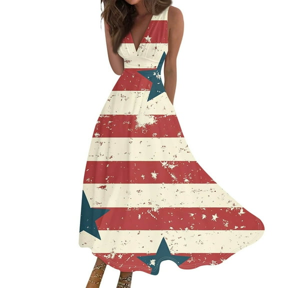Women's Patriotic American Flag V-Neck Sleeveless Maxi Dress, Stars & Stripes Summer Long Dress for 4th of July Independence Day Celebrations,Beige L