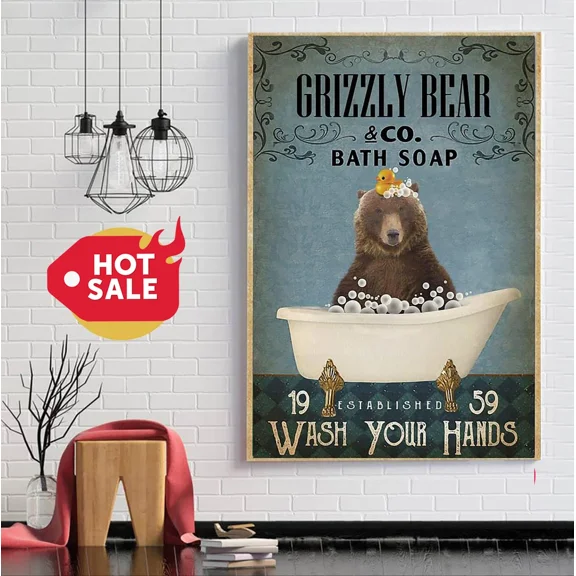 Poster Grizzly Bear Bath Soap Wash Your Hands Wall Art, Unframed Prints For Home Or Office, Perfect Gift For Everyone, 8x12