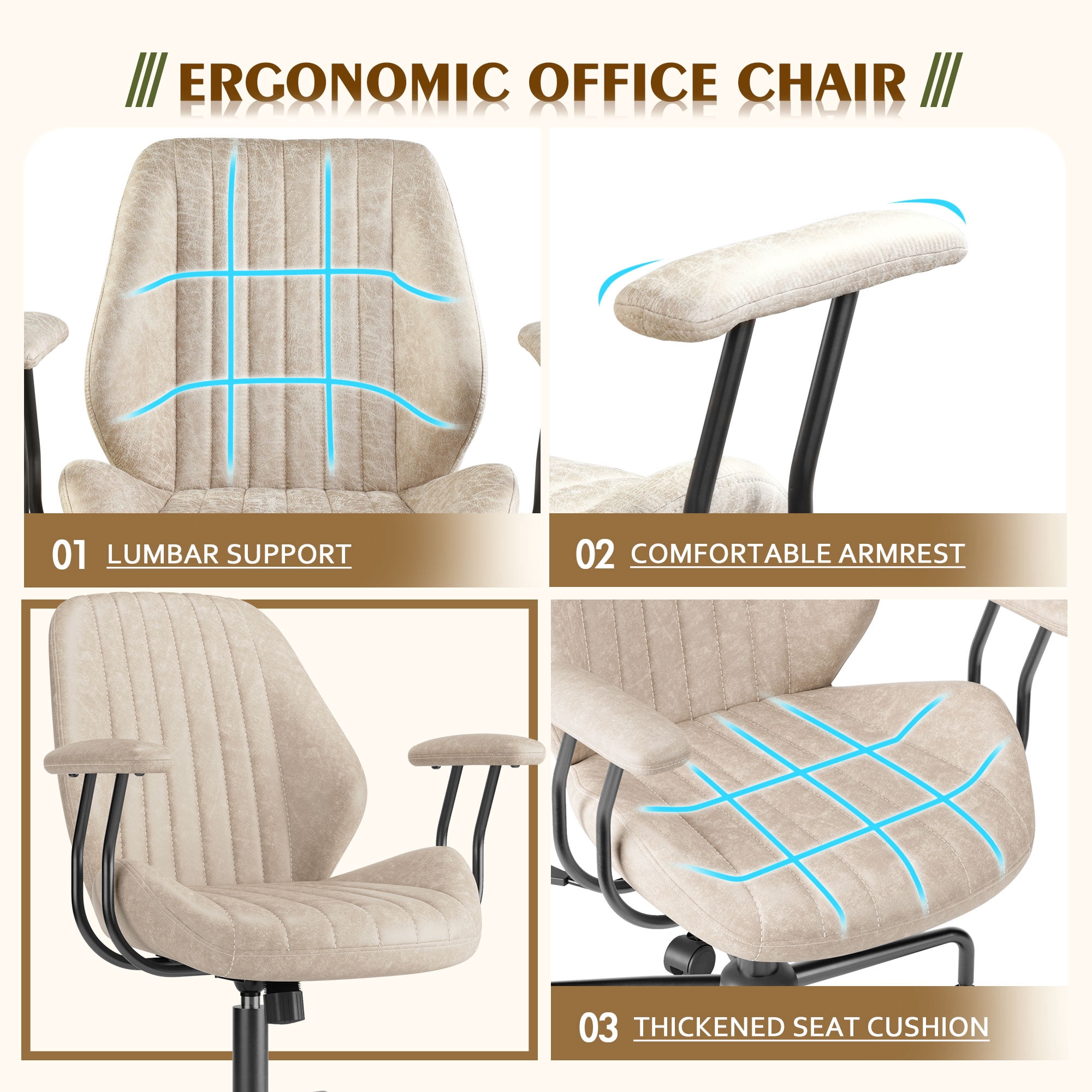 Toject Ergonomic Office Chair, Mid Back Comfy Home Office Chair with Lumbar Support, Mid-Century Modern Computer Executive Desk Chair with Thickened Cushions (Suede Leather, Beige)