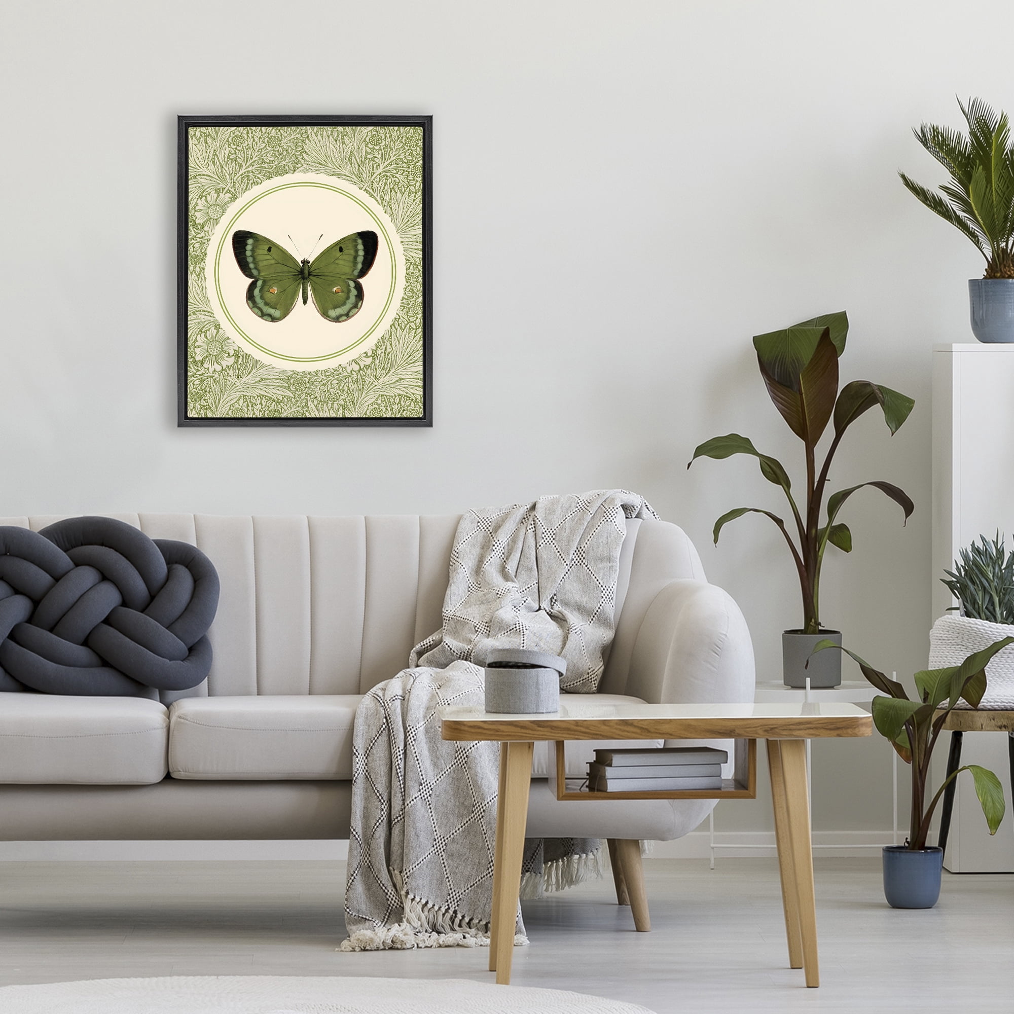 Stupell Industries Green Butterfly Botanical Medallion Black Framed Floater Canvas Wall Art, design by LSR Design Studio