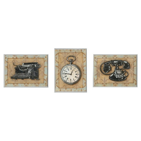 Stupell Industries Stopwatch, Typewriter, and Rotary Phone Retro Home Office 3 Piece Graphic Art Wall Plaque Set