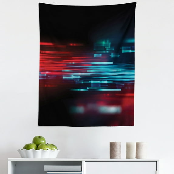 Abstract Tapestry, Futuristic Geometric Blurry Visual Bar Motifs Complex Digital Art Print, Fabric Wall Hanging Decor for Bedroom Living Room Dorm, 5 Sizes, Aqua Ruby and Black, by Ambesonne