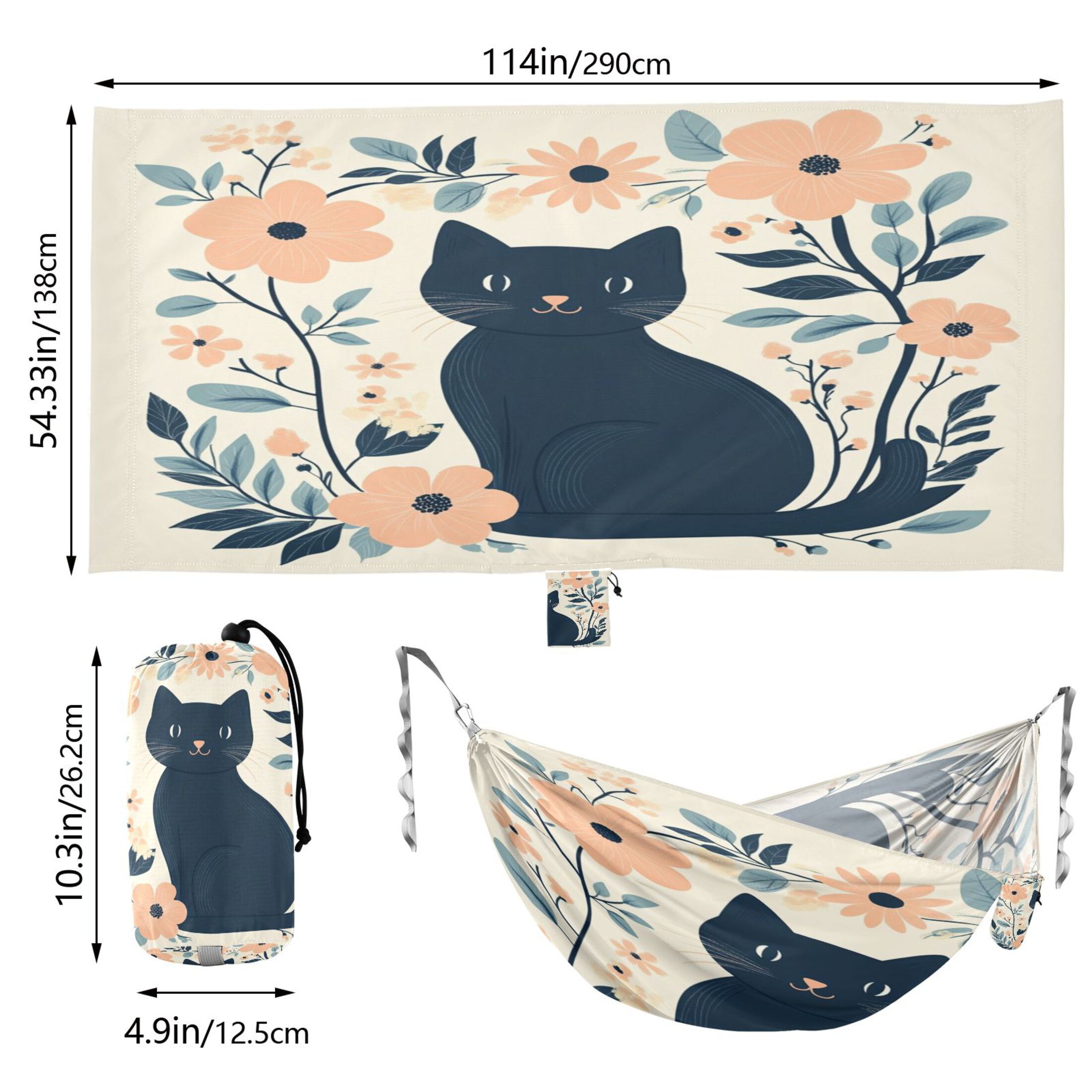 Hammock Camping Hammock Nylon Portable Hammock Travel Camping Hammock Black Cat and Flowers