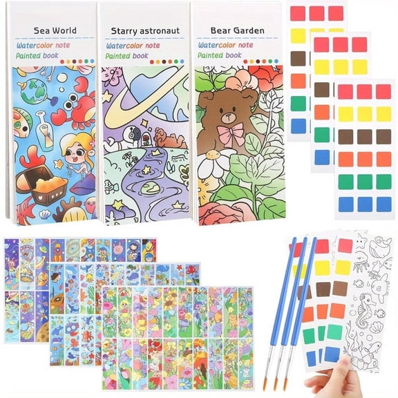 Complete Watercolor Art Set - 3 Themed Coloring Books with 60 Pages & Painting Supplies