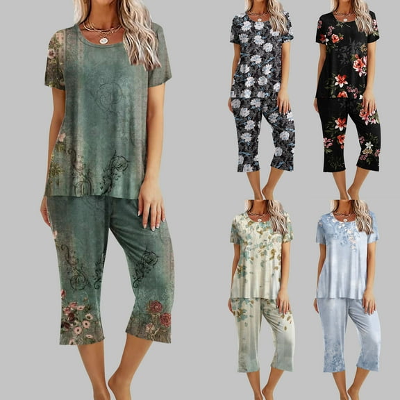 Dianli Women's Pajama Sets Short Sleeve Sleepwear Button Down Pj Loungewear Top and Capri Pants with Pockets