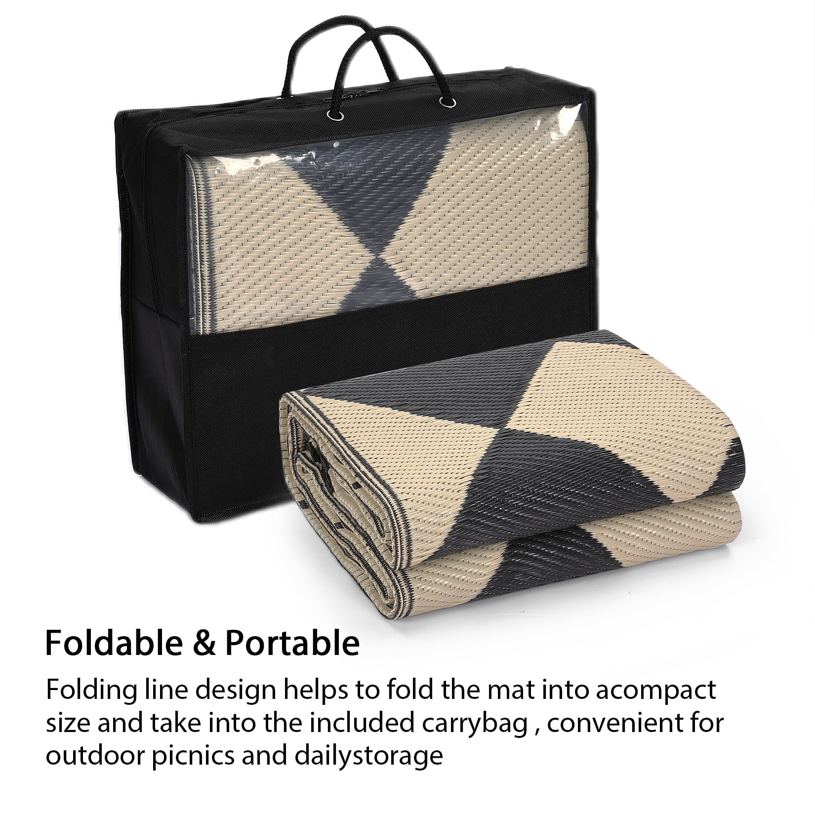 Senfot 9x18 Waterproof Portable Outdoor Rug, Modern Geometric Plastic Carpet for Patio Camping Deck Backyard Porch Decor with Storage Bag Black and Coffee