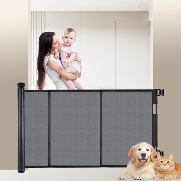 120 Inches Wide Retractable Gate, 34 Inch Tall Mesh Safety Barrier for Large Openings Hallways Room Dividers Indoor Outdoor Use Black