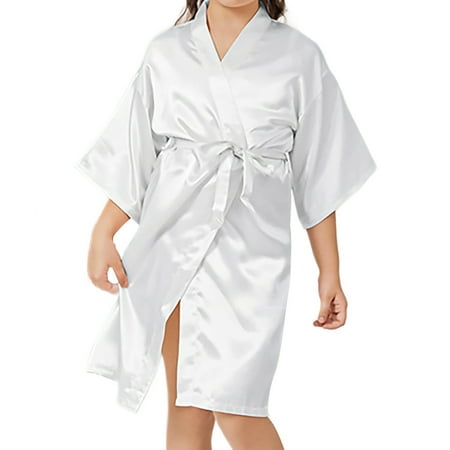 Kids Girl s Silky Satin Kimono Robe for Spa Wedding Birthday Party Solid Color Lingerie Sleepwear Children s Gifts White 8 11