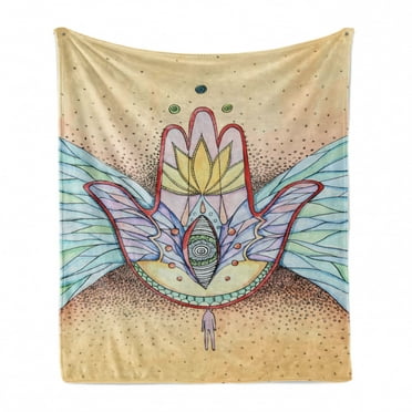 Hamsa Soft Flannel Fleece Throw Blanket, Abstract Hamsa Hand with Wings and Eye, Cozy Plush for Indoor and Outdoor Use, 50" x 60", Turquoise Apricot, by Ambesonne