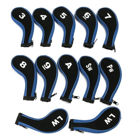 - 12Pcs/set Golf Clubs Iron Head Covers Headcovers Protector Outdoor Equipment with Zipper Long Neck,Black&Blue