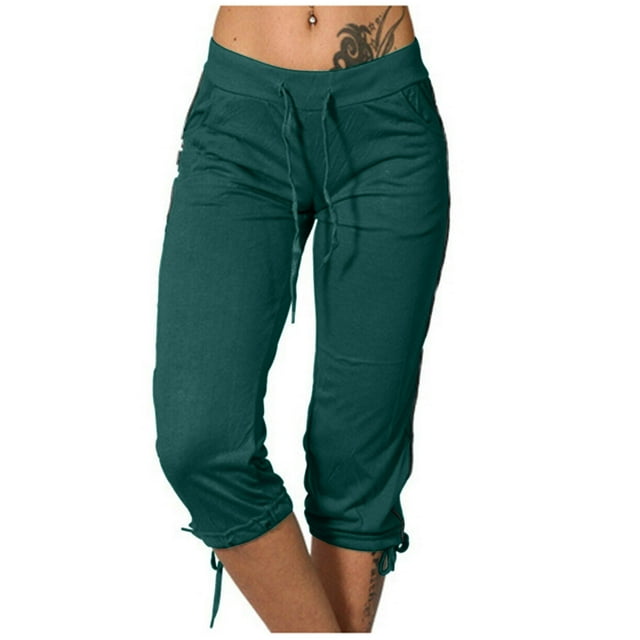 Timegard Womens Yoga Leggings Mid Waisted Drawstring Cinch Bottom Capri Pants Workout Trousers with Pockets