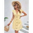 thumbnail image 6 of Women'S Striped Summer Dresses V Neck Casual Mini Dress Flutter Sleeve Ruffle Button Sundresses Yellow L, 6 of 8