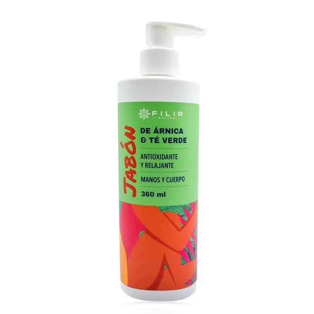 FILIP NATURAL, Jabón De Árnica Y Té Verde, Auxiliar En Acción De Limpieza Profunda Eliminando Las Bacterias, Piernas Cansadas O Cuerpo Adolorido, Antioxidante, Des-inflamatorio, 360ml.
