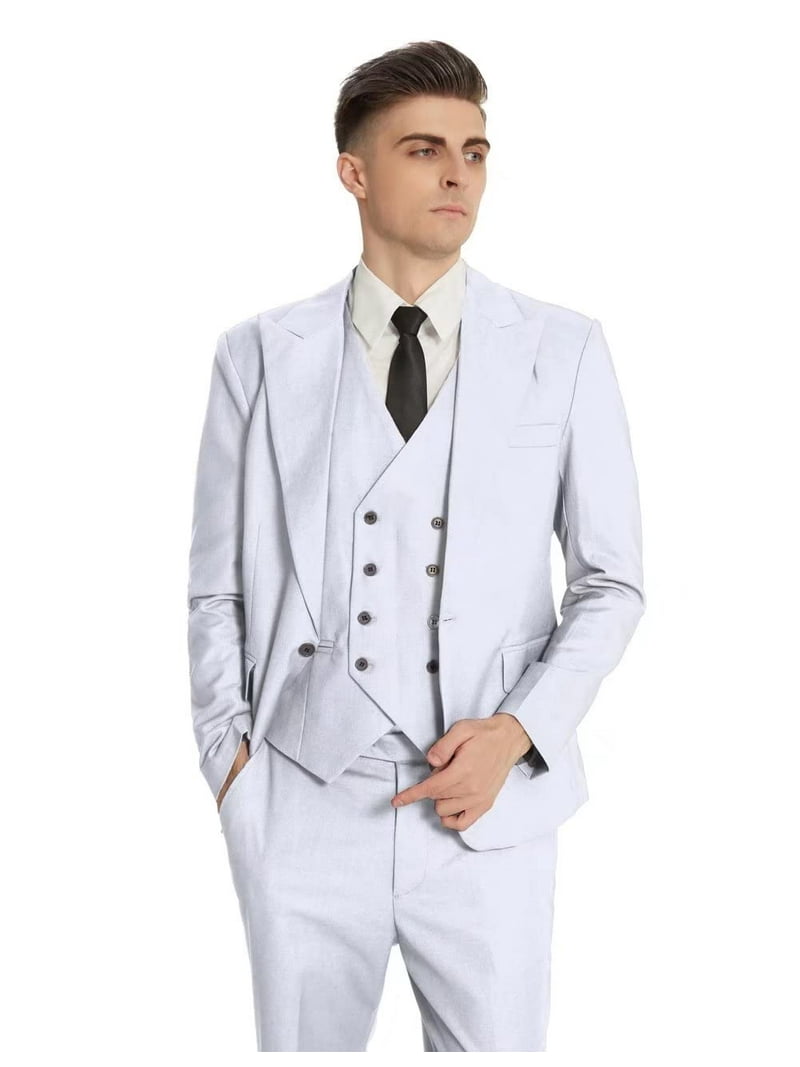 MOGU Men's 3-Piece Slim Fit Suit | Wedding Prom Business Tuxedo In Light Grey (Blazer 44, Pants 40)