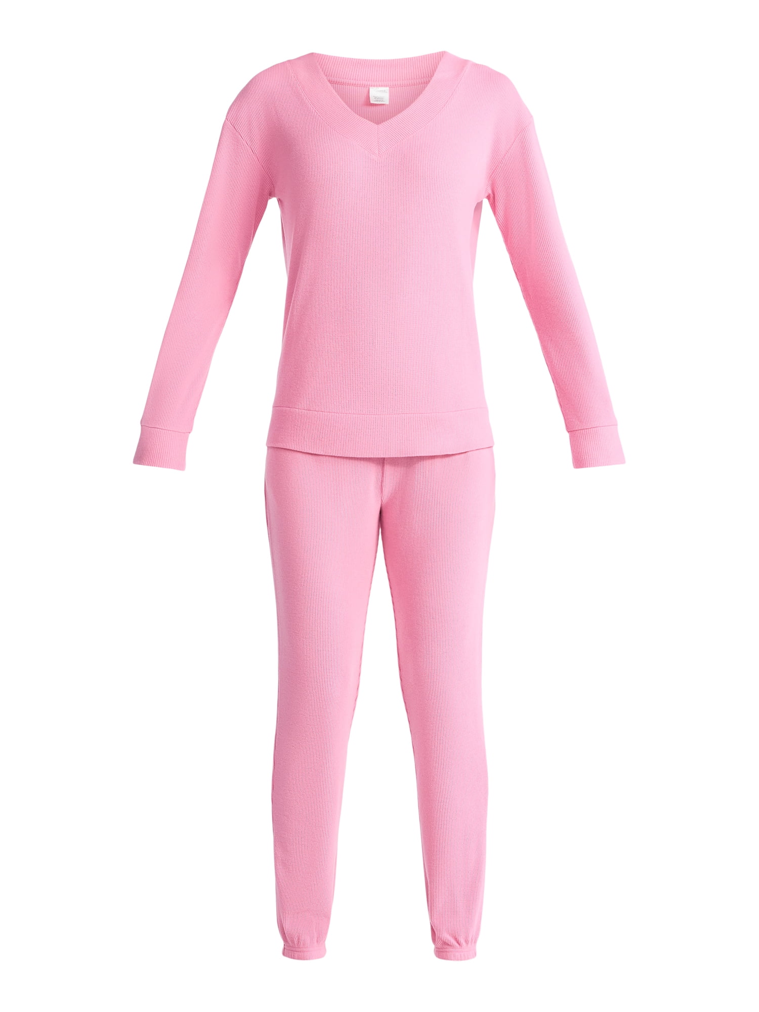 Lissome Women’s Soft Double Brushed Waffle Knit Long Sleeve V-yoke top and Jogger Pant Pajama Set , Sizes S-3X