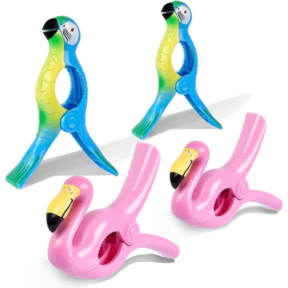 Sopito Beach Towel Clips, Jumbo Size Towel Clips for Beach Chairs Cruise Patio and Pool Accessories, Set of 4 (Flamingo Parrot)