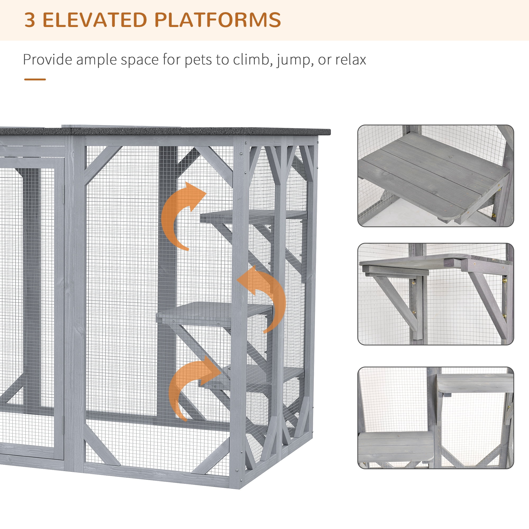 PawHut Outdoor Cat House, Catio Wooden Feral Cat Shelter, Cat Cage with Platforms, Large Enter Door, Weather Protection Asphalt Roof, 71" L, Gray