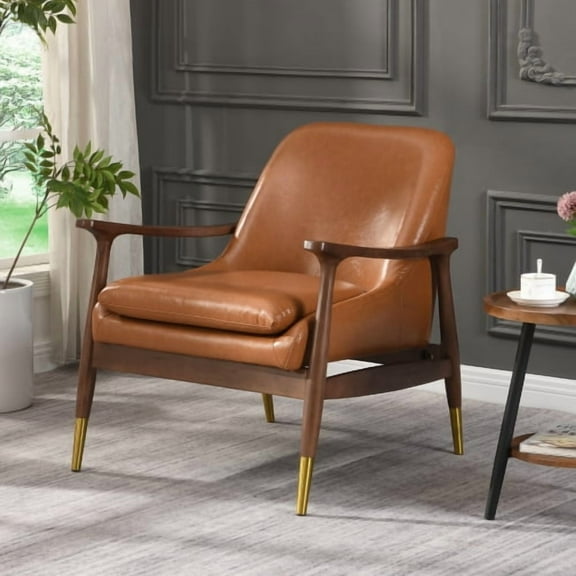 ROOMARK 29.1'' Mid-Century Faux Leather Accent Chair with Cushioned Seat, Solid Wood Frame, and Brass-Tipped Legs – Perfect for Living Room, Bedroom, or Office Lounge