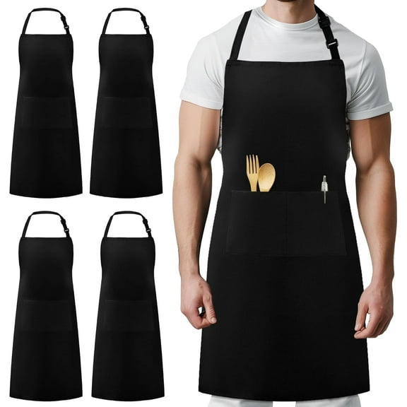 4 Pack Adjustable Black Apron with Pocket, Bib Chef Apron for Women Men, Cooking Kitchen Drawing