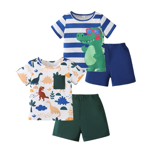 Kucnuzki 5T Little Boys Summer Outfit Set 6T Child Boys Clothes Set 2 Packs Short Sleeves T-shirt Top Dinosaur Print Striped Top Shorts 4pcs Short Sets Multicolor