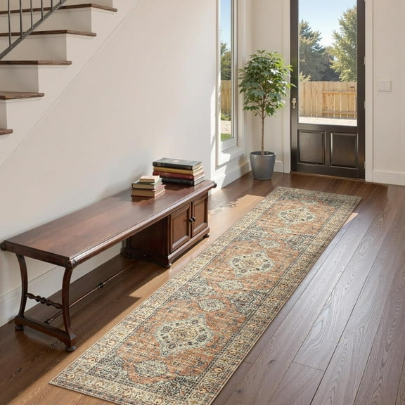 Oriental Kitchen Runners for Hallways, 2.5x10 Washable Runner Rug Non Slip, Soft Hallway Rug Distressed Ultra-Thin Long Carpet for Bathroom Entryway Bedroom, Peach/Orange