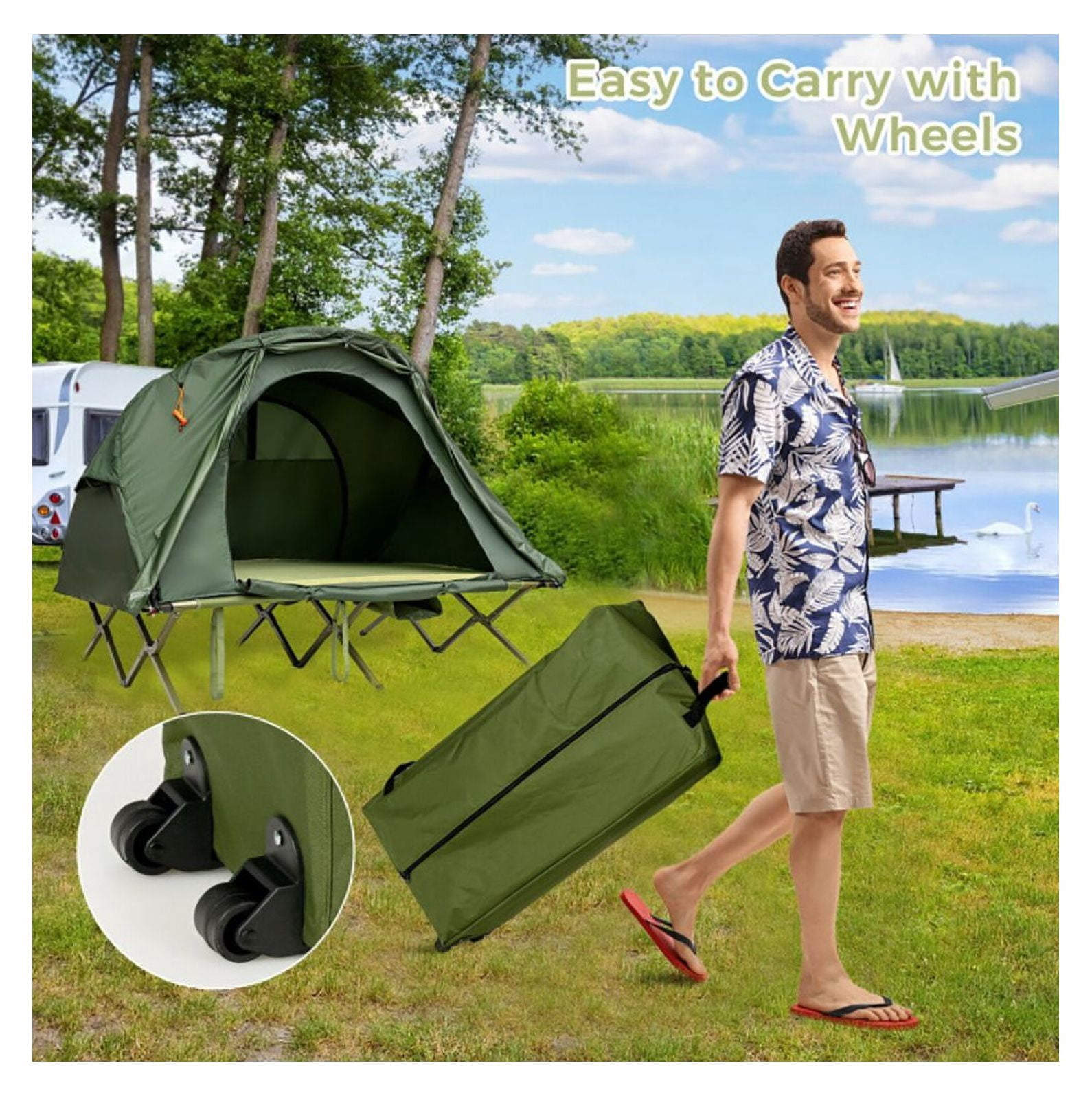 2-Person Camping Tent Cot, Outdoor Waterproof Tent with Self-Inflating Mattress, Portable 4-in-1 Camping Bed with Cover & Roller Bag