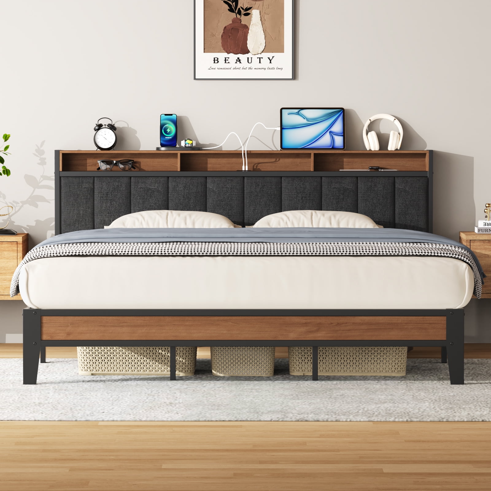Lusimo King Bed Frame with Headboard and Charging Station, Modern Fabric Upholstered Metal Platform Bed Frame with Headboard Storage Shelf No Box Spring Needed, Dark Gray