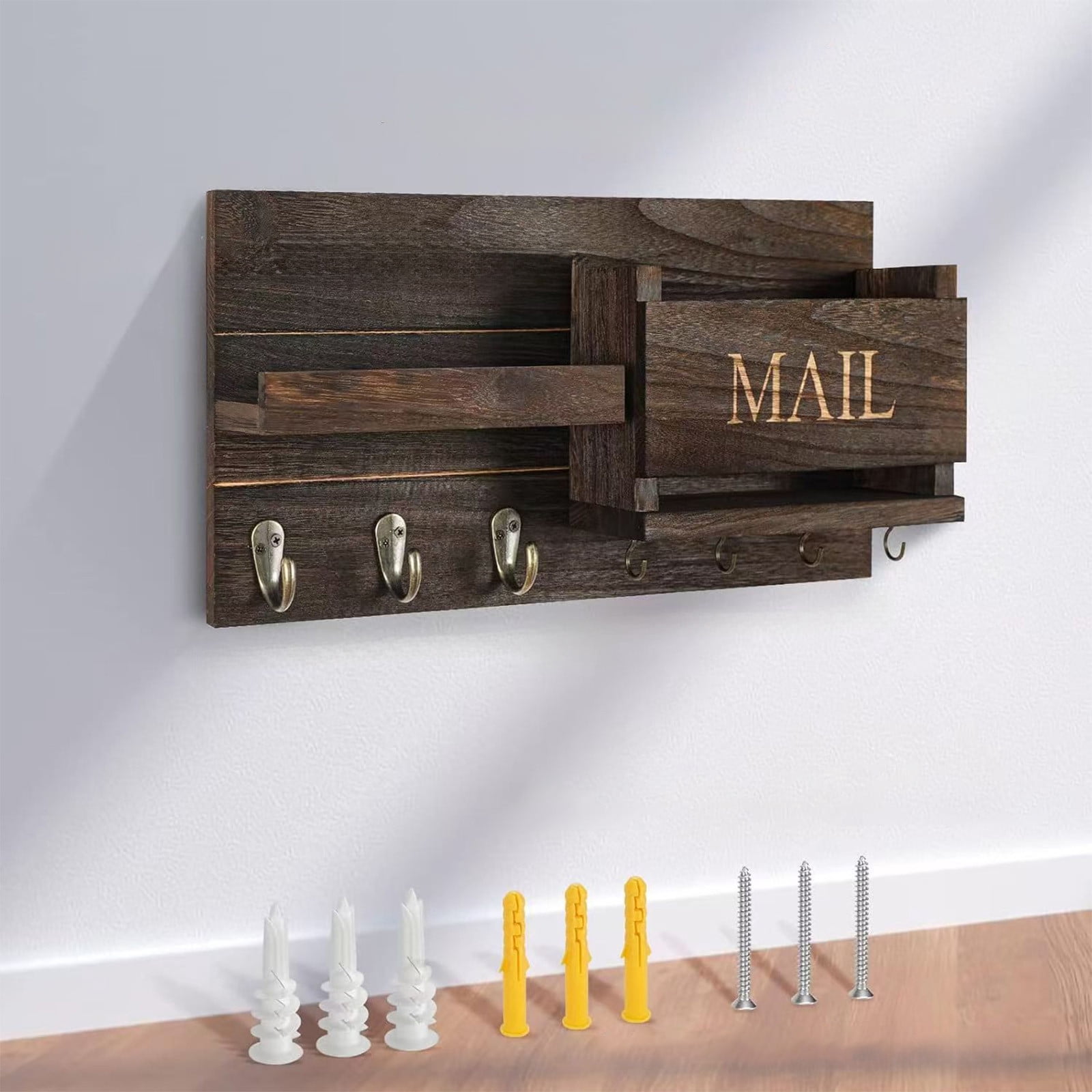PONPRNGY Mail Organizer for Wall Mount – Key Holder with Shelf Includes Letter Holder and Hooks for Hallway Farmhouse Decor – Rustic Wood with Flush Mounting Hardware