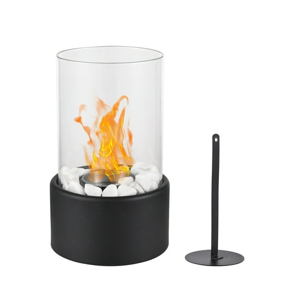 TFixol Compact Bio Ethanol Fireplace Tabletop Heater with Real Flame, Outdoor Indoor Use, Metal & Glass Design, Includes Wick & Decorative Stones