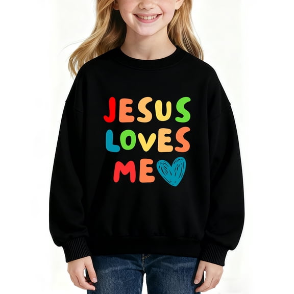 Jesus Loves Me Sweatshirt,Cute Long Sleeve Oversized Casual Fashion Graphic Pullover Tops For 𝓴𝓲𝓭𝓼, 90cm