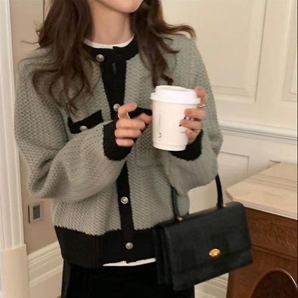 Suéter de punto de color de contraste de otoño e invierno de estilo coreano, cárdigan corto de cuello redondo a la moda