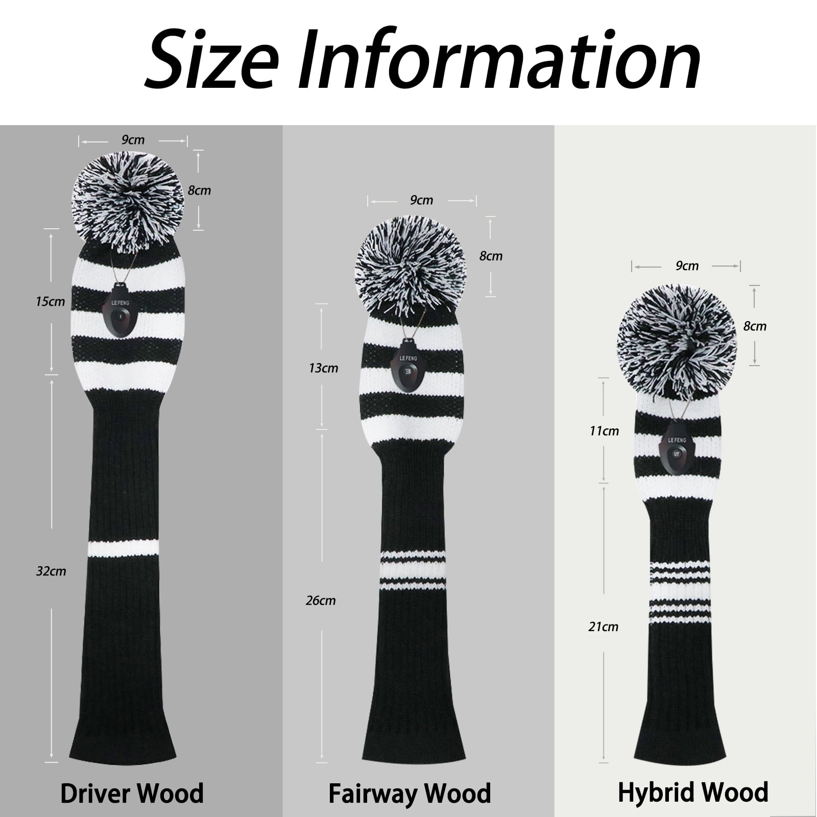 LeFeng 3Pcs Golf Club Head Covers Set Knitted Golf Head Covers for 460cc Driver Fairway Woods and Hybrid with Cute Pom Pom and Number Tag