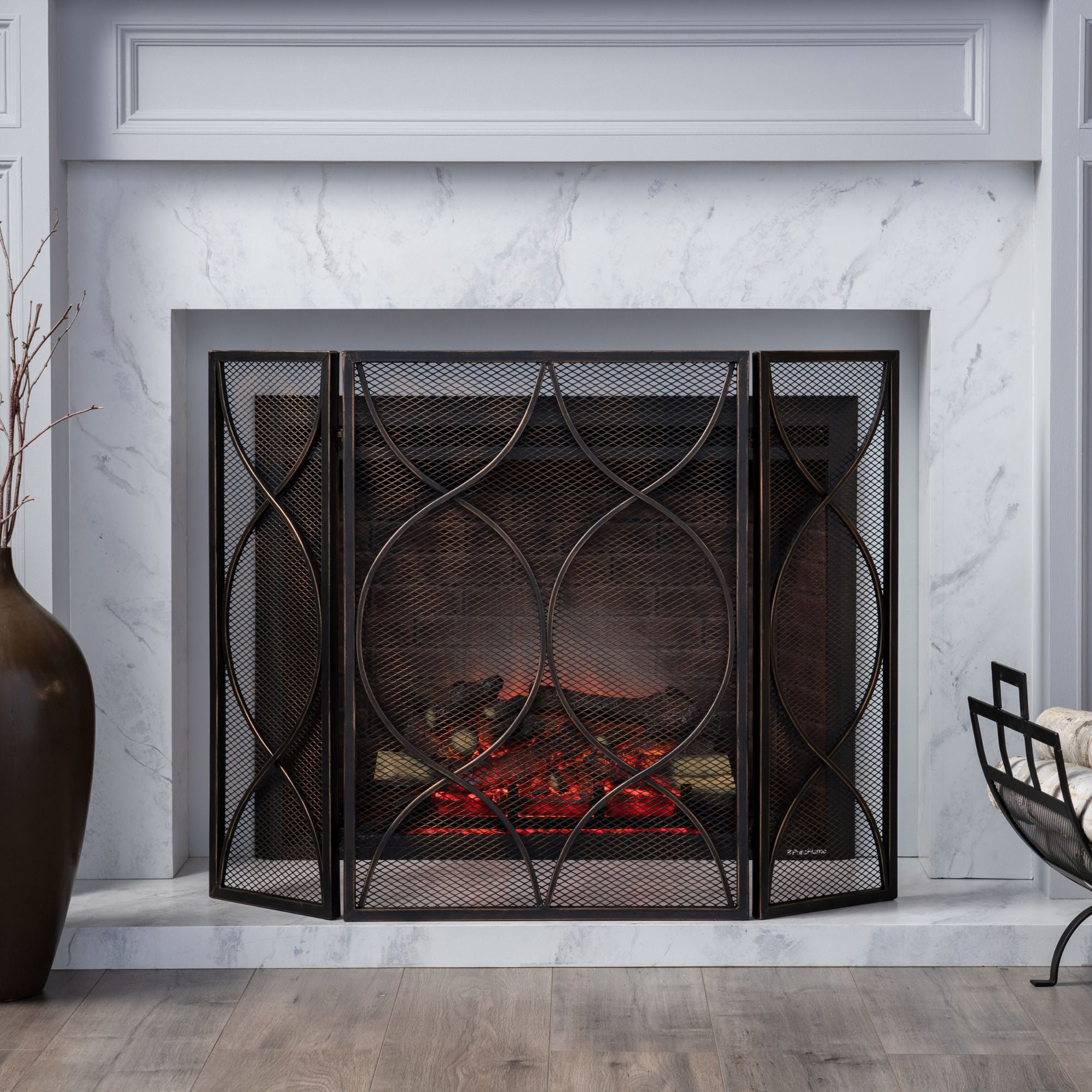 41" Black Contemporary Curved Geometric Accent Three Panel Fireplace Screen